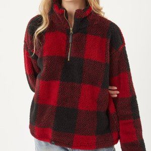 Red/Black Checkered Zip at Neck Sherpa